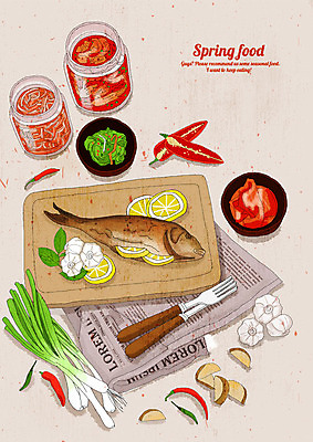 PSD 음식 분홍색 포크 일러스트 고추 김치 감자 도마 마늘 어류 요리 사람없음 빨간색 초록색 하이앵글 봄 신문 칼 맛 레몬 상큼 대파 베이지색 싱그러움 국내일러스트 식기 계절 한식 뷰포인트 컬러 컨셉 채소 과일 주방용품 간행물 수중동물 뉴스 파 파일형식