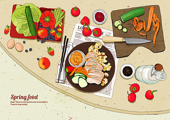 PSD 음식 토마토 채소 일러스트 딸기 오이 콩 파프리카 도마 요리 사람없음 빨간색 하이앵글 노란색 닭고기 봄 당근 샐러드 소스 칼 양상추 맛 사과 블루베리 상큼 구운닭고기샐러드 닭가슴살 싱그러움 국내일러스트 계절 뷰포인트 컬러 컨셉 과일 주방용품 곡류 뿌리채소 육류 양념 파일형식