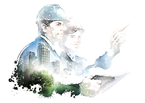 PSD 여자 남자 일러스트 캘리그라피 붓터치 설계 노동자 건설업 흑백 작업복 안전 사람 상반신 성인 두명 건물 초록색 파란색 건설현장 가리킴 도시 결과 안전모 토론 번짐 근로자의날 업무성과 국내일러스트 직업 건축물 옷 기념일 산업 컬러 컨셉 촬영기법 손짓 헬멧 안전장비 파일형식 효과