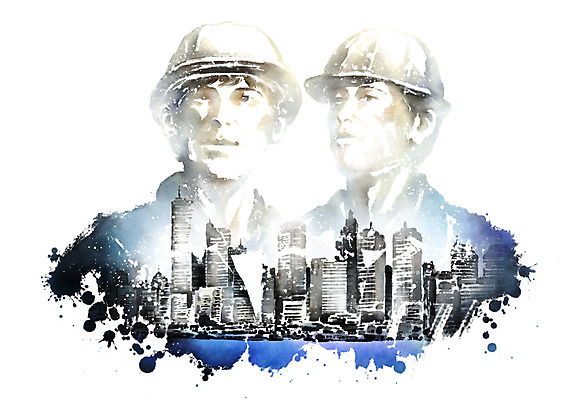 PSD 남자 일러스트 캘리그라피 붓터치 노동자 건설업 흑백 안전 사람 상반신 성인 두명 건물 파란색 갈색 검은색 건설현장 도시 결과 안전모 번짐 근로자의날 실현 업무성과 국내일러스트 직업 건축물 기념일 산업 컬러 컨셉 촬영기법 헬멧 안전장비 파일형식 효과