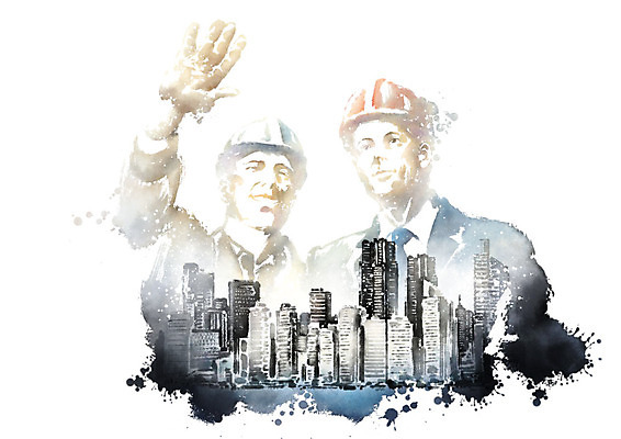 PSD 남자 일러스트 캘리그라피 붓터치 노동자 건설업 흑백 안전 사람 정장 빌딩 상반신 성인 두명 건물 파란색 갈색 검은색 도시 결과 안전모 토론 설계사 번짐 근로자의날 실현 업무성과 국내일러스트 직업 건축물 옷 기념일 산업 컬러 컨셉 촬영기법 헬멧 안전장비 파일형식 효과