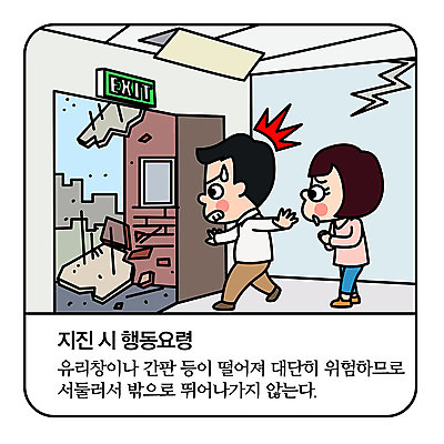 전신 여자 남자 일러스트 모션 벽돌 주택 건물안 사람 성인 두명 놀람 떨어짐 파편 위험 무서움 자연재해 걱정 조심 비상구 요령 지진 국내일러스트 AI파일 감정 컨셉 실내 표정 건물 재해 파일형식 벡터