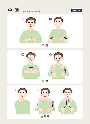 문자 남자 일러스트 손가락 커뮤니케이션 안내 한명 사람 손짓 상반신 성인 한글 자연재해 언어교육 소통 눈사태 우박 지진 지문자 청각장애인 국내일러스트 AI파일 1 손 교육 컨셉 모션 날씨 장애인 재해 수화 파일형식 벡터