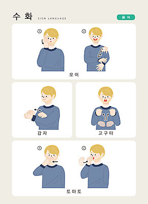 문자 남자 음식 토마토 일러스트 손가락 커뮤니케이션 오이 안내 감자 한명 사람 손짓 상반신 성인 한글 고구마 언어교육 소통 지문자 청각장애인 국내일러스트 AI파일 1 손 교육 컨셉 채소 모션 뿌리채소 장애인 수화 파일형식 벡터