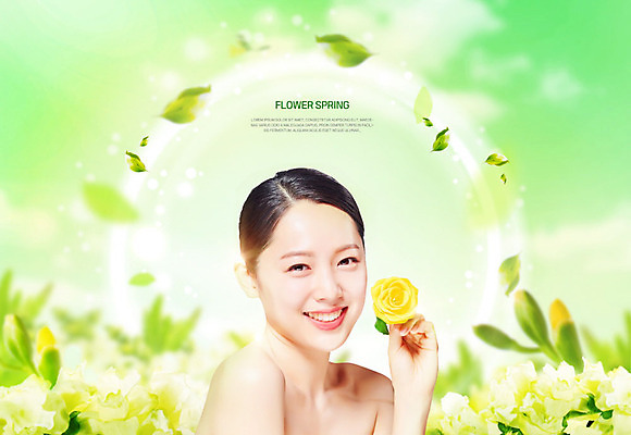 PSD 편집이미지 응시 여자 꽃 잎 나뭇잎 한명 미소 들기 사람 상반신 20대 성인 앞모습 초록색 뷰티 노란색 봄 화장품 한국인 화사함 싱그러움 의료성형뷰티 성인여자한명만 흩날리기 이미지편집 식물 1 시선 계절 뷰포인트 컬러 컨셉 모션 표정 동양인 청년 여자한명만 성인여자만 파일형식