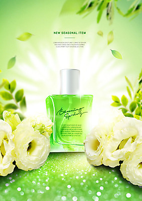 PSD 편집이미지 꽃 나뭇잎 사람없음 초록색 빛 뷰티 봄 화장품 흰색 향수 향기 화사함 싱그러움 흩날리기 이미지편집 식물 계절 컬러 컨셉 잎 모션 냄새 파일형식