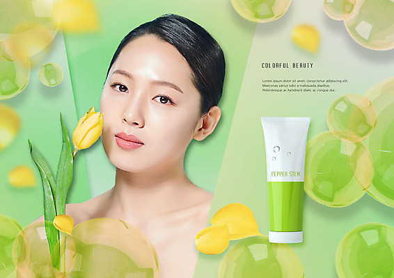 PSD 편집이미지 응시 여자 꽃잎 꽃 따뜻함 한명 사람 상반신 20대 성인 앞모습 초록색 뷰티 노란색 봄 화장품 한국인 튤립 비눗방울 모던 그라데이션 산뜻 싱그러움 의료성형뷰티 성인여자한명만 흩날리기 이미지편집 식물 1 시선 계절 뷰포인트 컬러 컨셉 모션 동양인 청년 여자한명만 성인여자만 파일형식