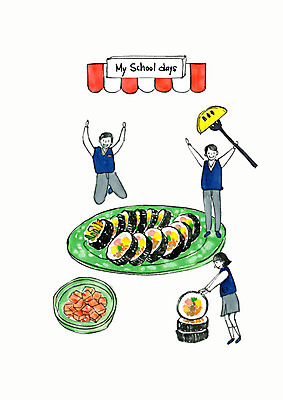 전신 PSD 학생 여자 남자 교복 포크 일러스트 청소년 디저트 수채화 사람 세명 만세 추억 분식 깍두기 즐거움 김밥 단무지 학창시절 먹거리 국내일러스트 식기 옷 감정 음식 컨셉 모션 김치 파일형식