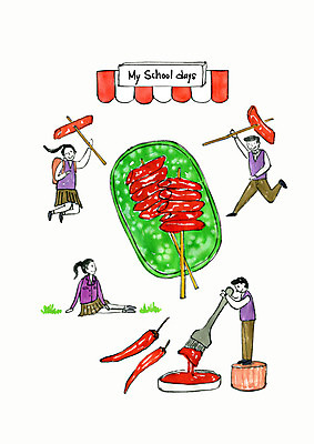 전신 PSD 학생 여자 남자 교복 일러스트 청소년 고추 디저트 수채화 사람 여러명 고추장 소스 추억 분식 학창시절 떡꼬치 먹거리 국내일러스트 옷 음식 다수 컨셉 채소 양념 꼬치 파일형식