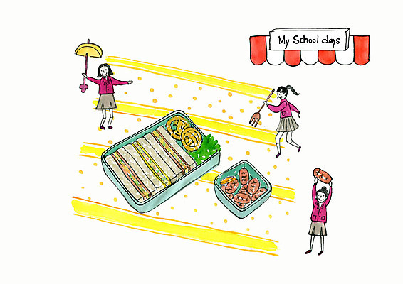 전신 PSD 학생 여자 교복 포크 일러스트 청소년 디저트 수채화 샌드위치 사람 세명 소풍 소시지 추억 도시락 단무지 학창시절 먹거리 국내일러스트 식기 옷 음식 컨셉 야외활동 가공식품 파일형식