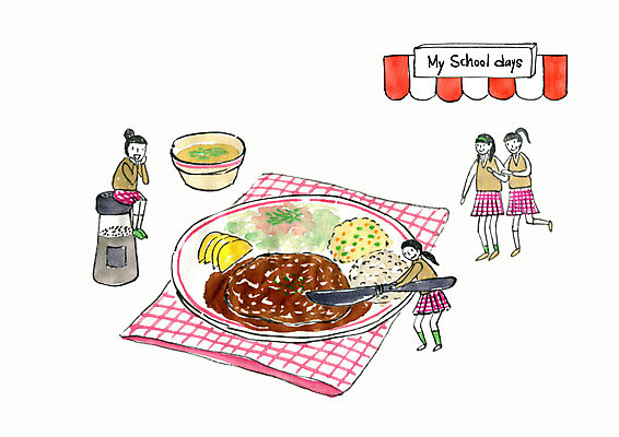 전신 PSD 학생 여자 교복 일러스트 청소년 디저트 수채화 사람 여러명 식탁보 칼 추억 돈가스 학창시절 후추 먹거리 국내일러스트 옷 음식 다수 컨셉 커틀릿 향신료 파일형식