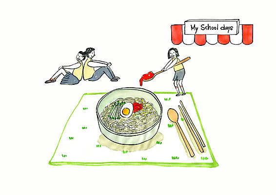 전신 PSD 학생 여자 남자 교복 일러스트 젓가락 청소년 디저트 수채화 사람 앉기 세명 숟가락 추억 분식 학창시절 먹거리 면발 쫄면 국내일러스트 옷 음식 컨셉 모션 수저 파일형식