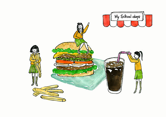 전신 PSD 학생 여자 교복 일러스트 청소년 디저트 수채화 빨대 사람 세명 감자튀김 햄버거 추억 학창시절 콜라 먹거리 국내일러스트 옷 음식 컨셉 감자 패스트푸드 튀김 탄산음료 파일형식