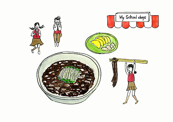 전신 PSD 학생 여자 남자 교복 일러스트 젓가락 청소년 디저트 수채화 사람 세명 점프 추억 짜장면 즐거움 단무지 학창시절 먹거리 국내일러스트 옷 감정 음식 컨셉 모션 수저 중식 파일형식