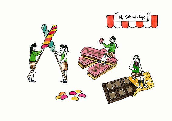 전신 PSD 학생 여자 교복 일러스트 청소년 디저트 수채화 사탕 사람 여러명 과자 초콜릿 추억 학창시절 젤리 먹거리 국내일러스트 옷 음식 다수 컨셉 파일형식