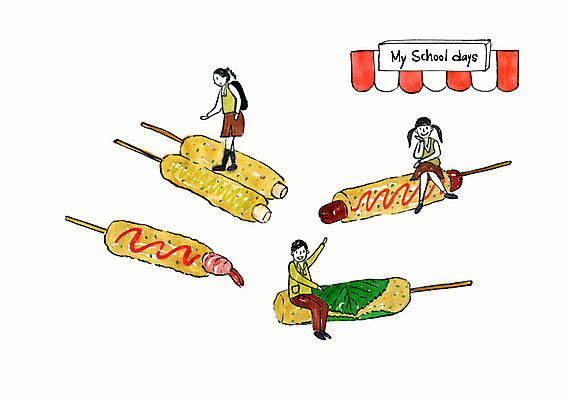 전신 PSD 학생 여자 남자 교복 일러스트 청소년 디저트 수채화 책가방 사람 세명 소시지 추억 분식 학창시절 핫도그 먹거리 핫바 국내일러스트 옷 음식 컨셉 가방 패스트푸드 가공식품 파일형식