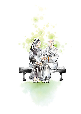 전신 PSD 여자 종교 벤치 일러스트 캘리그라피 붓터치 대화 미소 사람 앉기 성인 두명 초록색 친구 팔짱 검은색 우정 승려 번짐 화합 수다 수녀 국내일러스트 컬러 의자 관계 모션 표정 말하기 천주교 성직자 파일형식 효과