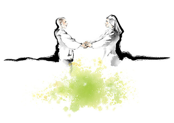 PSD 여자 종교 일러스트 캘리그라피 붓터치 미소 사람 상반신 성인 두명 연두색 친구 마주보기 손잡기 우정 승려 번짐 화합 수녀 손맞잡기 국내일러스트 관계 모션 표정 초록색 천주교 성직자 파일형식 효과