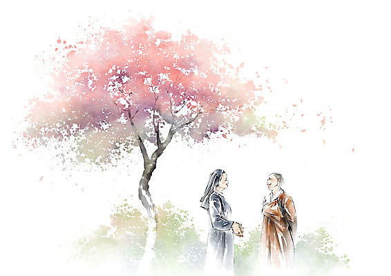 PSD 나무 여자 종교 분홍색 일러스트 캘리그라피 붓터치 대화 미소 사람 상반신 성인 두명 초록색 친구 마주보기 우정 승려 즐거움 번짐 화합 수다 수녀 국내일러스트 식물 감정 컬러 관계 모션 표정 말하기 천주교 성직자 파일형식 효과