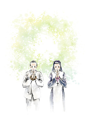 PSD 여자 종교 일러스트 캘리그라피 붓터치 흑백 사람 상반신 성인 두명 연두색 친구 노란색 우정 기도 승려 번짐 화합 염주 묵주 수녀 국내일러스트 컬러 종교용품 관계 촬영기법 초록색 천주교 성직자 불교용품 파일형식 효과