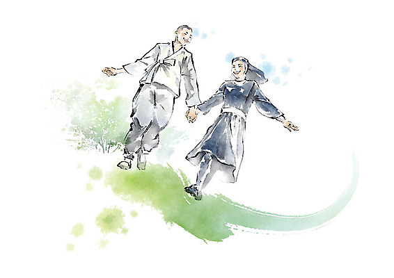 전신 PSD 나무 여자 종교 일러스트 캘리그라피 붓터치 흑백 미소 사람 성인 두명 초록색 친구 달리기 손잡기 우정 승려 즐거움 번짐 화합 수녀 국내일러스트 식물 감정 컬러 관계 모션 촬영기법 표정 천주교 성직자 파일형식 효과