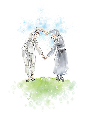 전신 PSD 여자 종교 일러스트 캘리그라피 붓터치 흑백 미소 사람 성인 두명 초록색 파란색 친구 우정 승려 번짐 화합 수녀 손하트 국내일러스트 컬러 관계 촬영기법 표정 손짓 천주교 성직자 파일형식 효과