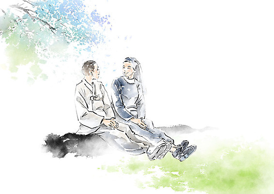 전신 PSD 나무 응시 여자 종교 일러스트 캘리그라피 붓터치 대화 미소 사람 앉기 성인 두명 초록색 파란색 친구 마주보기 정원 우정 나뭇가지 즐거움 번짐 화합 수다 나무밑둥 국내일러스트 식물 시선 감정 컬러 관계 모션 표정 말하기 파일형식 효과