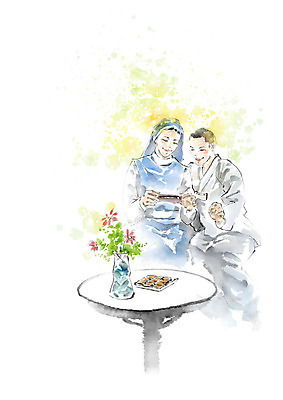 PSD 응시 여자 종교 일러스트 캘리그라피 탁자 붓터치 디저트 미소 사람 상반신 성인 두명 빨간색 초록색 파란색 친구 스마트폰 과자 꽃병 우정 승려 번짐 화합 수녀 국내일러스트 시선 꽃 음식 컬러 가구 관계 표정 핸드폰 스마트기기 천주교 성직자 파일형식 효과