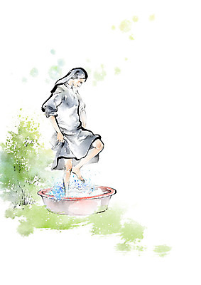 전신 PSD 여자 종교 일러스트 캘리그라피 발 붓터치 한명 사람 성인 빨간색 초록색 정원 봉사 빨래 번짐 밟기 대야 수녀 수녀복 국내일러스트 1 컬러 가사 모션 신체부위 천주교 도움 파일형식 효과