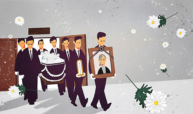 전신 PSD 남자 액자 일러스트 국화 사람 여러명 성인 문 회색 슬픔 죽음 관 장례 영정사진 조문객 행렬 운구 국내일러스트 꽃 감정 컬러 다수 파일형식