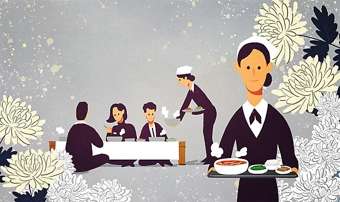 전신 PSD 여자 남자 음식 일러스트 국화 사람 여러명 상반신 성인 식사 회색 슬픔 죽음 직원 서비스 서빙 장례 조문객 국내일러스트 꽃 감정 컬러 다수 파일형식