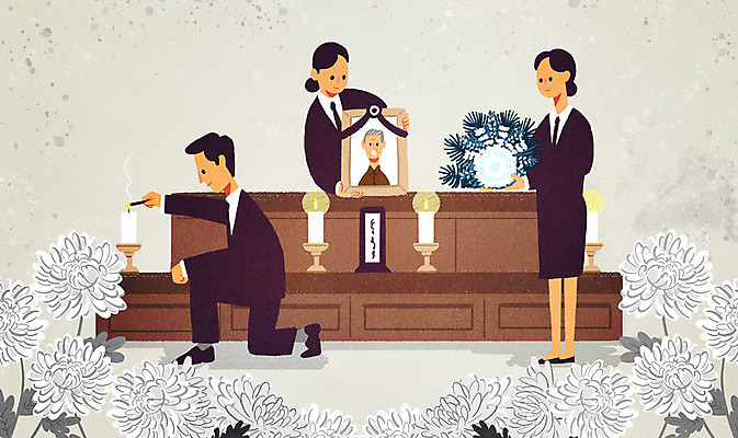 전신 PSD 여자 남자 액자 일러스트 초 촛불 국화 사람 상반신 성인 세명 회색 슬픔 죽음 준비 장례 고인 명패 영정사진 국내일러스트 꽃 감정 컬러 파일형식