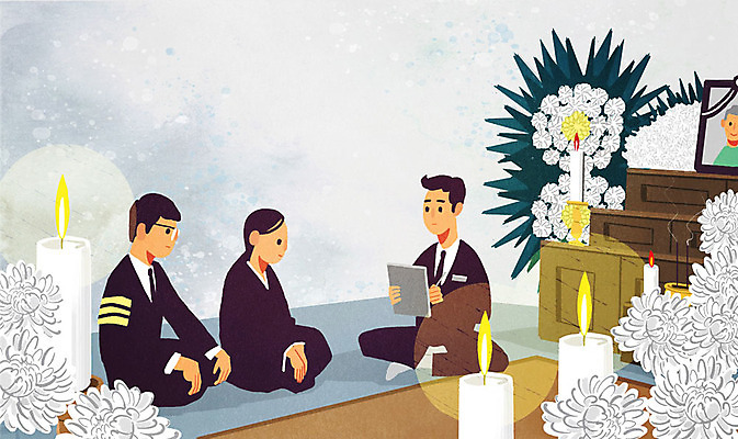 전신 PSD 여자 남자 액자 일러스트 초 안내 국화 설명 사람 앉기 성인 세명 회색 슬픔 죽음 직원 상담 향 장례 영정사진 국내일러스트 꽃 감정 컬러 모션 파일형식