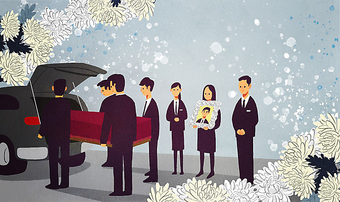 전신 PSD 여자 남자 액자 일러스트 자동차 국화 사람 여러명 성인 회색 슬픔 죽음 관 장례 영정사진 운구 국내일러스트 꽃 감정 육상교통 컬러 다수 파일형식