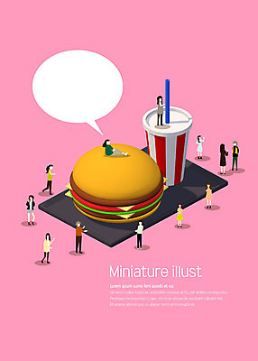 전신 PSD 여자 남자 음식 분홍색 말풍선 일러스트 따뜻함 사람 여러명 성인 미니어처 햄버거 콜라 감성 국내일러스트 컬러 다수 컨셉 패스트푸드 모형 탄산음료 파일형식