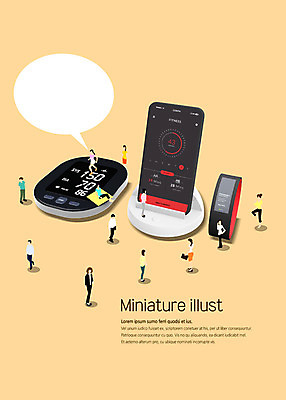 전신 PSD 여자 남자 말풍선 일러스트 따뜻함 사람 여러명 성인 전자제품 스마트폰 운동 미니어처 오브젝트 감성 베이지색 스마트워치 국내일러스트 컬러 다수 컨셉 건강 핸드폰 스마트기기 모형 웨어러블 파일형식