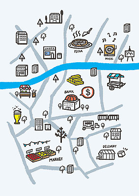PSD 백그라운드 지도 일러스트 맥주 피자 사람없음 건물 파란색 강 마을 상점 시장 은행 약도 금괴 맛집 과일가게 국내일러스트 건축물 컬러 주류 패스트푸드 서양음식 금융 황금 파일형식