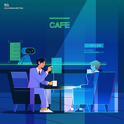 전신 남자 일러스트 탁자 회의 미래 스마트라이프 대화 사람 성인 두명 초록색 파란색 컬러풀 카페 머그컵 직장인 스마트 로봇 IT산업 무인 홀로그램 화상통화 성인남자만 4차산업 5G 무인매장 미래산업 AI_인공지능 국내일러스트 AI파일 직업 라이프스타일 산업 컬러 가구 컨셉 비즈니스 정보기술 IT 말하기 컵 상점 통화 남자만 성인만 파일형식 벡터