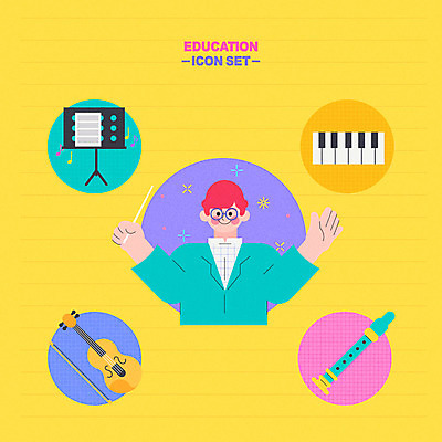 캐릭터 교육 남자 악기 음악 일러스트 교육캐릭터 한명 노란색 건반 피아노 보면대 바이올린 악보 음악교육 지휘봉 리코더 에듀 남자한명만 스쿨팩 일러캐릭터 AI파일 1 컬러 현악기 문화예술 사람 건반악기 목관악기 에듀케이션 남자만 파일형식 벡터