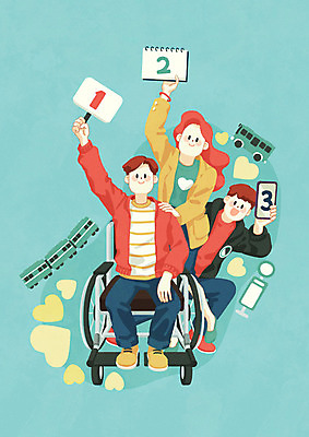 전신 PSD 여자 남자 일러스트 버스 사람 20대 성인 세명 초록색 숫자 기차 하트 장애인 휠체어 양보 질서 동행 장애 순서 배려 비장애인 장애인의날 국내일러스트 모양 문자 육상교통 컬러 대중교통 청년 예절 파일형식 법정기념일