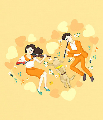 전신 PSD 한마리 여자 남자 연주 음표 일러스트 사람 20대 성인 두명 주황색 하트 장애인 바이올린 클라리넷 동행 극복 장애 비장애인 시각장애인 안내견 의수 장애인의날 의료로봇 국내일러스트 모양 1 기호 음악 컬러 의학 현악기 청년 개 목관악기 로봇 파일형식 법정기념일