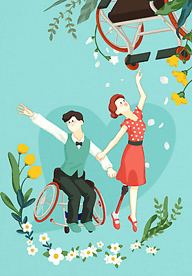 전신 PSD 여자 남자 꽃 잎 일러스트 사람 20대 성인 두명 초록색 댄서 춤 장애인 휠체어 동행 극복 장애 비장애인 의족 장애인의날 국내일러스트 식물 직업 컬러 문화예술 청년 파일형식 법정기념일