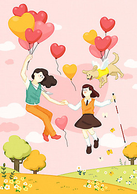 전신 PSD 나무 한마리 여자 꽃 교복 분홍색 일러스트 청소년 지팡이 하늘 사랑 사람 초원 20대 성인 두명 10대 손잡기 하트 비행 자원봉사자 장애인 언덕 하트풍선 풍선 동산 동행 비장애인 시각장애인 안내견 장애인의날 평등 국내일러스트 모양 식물 1 옷 감정 컬러 컨셉 모션 청년 개 장애 파일형식 법정기념일