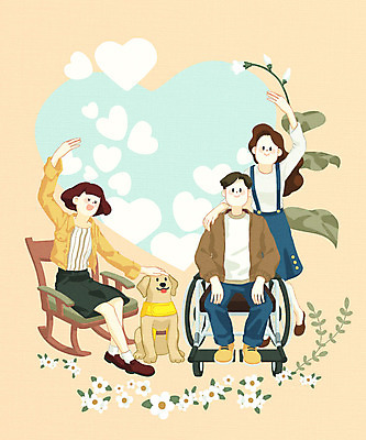 전신 PSD 한마리 여자 남자 꽃 잎 일러스트 사랑 미소 사람 20대 성인 세명 하트 장애인 휠체어 동행 손하트 베이지색 비장애인 시각장애인 안내견 장애인의날 평등 국내일러스트 모양 식물 1 감정 컬러 컨셉 표정 손짓 청년 개 장애 파일형식 법정기념일