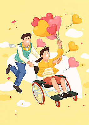 전신 PSD 여자 남자 일러스트 사랑 사람 20대 성인 두명 노란색 자원봉사자 밀기 장애인 즐거움 휠체어 하트풍선 동행 비장애인 장애인의날 평등 국내일러스트 감정 컬러 컨셉 모션 청년 하트 풍선 장애 파일형식 법정기념일