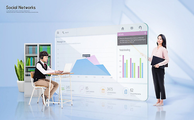 전신 PSD 편집이미지 학생 여자 남자 교복 화분 청소년 그래프 책장 서기 사람 앉기 성인 두명 옆모습 10대 책 30대 파란색 노트북 스크린 교사 한국인 정보 네트워크 책상 소통 소셜네트워크 온라인강의 이미지편집 직업 옷 뷰포인트 컬러 가구 컨셉 모션 동양인 장년 전자제품 강의 파일형식 언택트