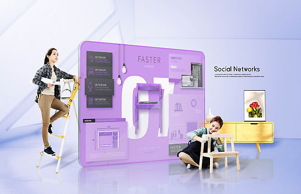 전신 PSD 편집이미지 여자 가구 액자 사다리 탁자 서기 사람 앉기 20대 성인 두명 앞모습 옆모습 인테리어 스크린 보라색 한국인 정보 네트워크 제조 건축가 소통 소셜네트워크 성인여자만 셀프인테리어 이미지편집 직업 디자인 뷰포인트 컬러 생활용품 컨셉 모션 동양인 청년 도구 여자만 성인만 파일형식