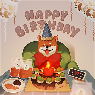 PSD 동물 한마리 리본 반려견 일러스트 촛불 사람없음 반려동물 귀여움 케이크 축하 생일파티 강아지 즐거움 풍선 반려 생일상 애견간식 시바견 국내일러스트 1 감정 컨셉 초 디저트 생일 개 파일형식