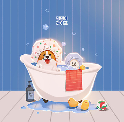 PSD 동물 반려견 두마리 일러스트 욕조 두건 사람없음 반려동물 수건 장난감 귀여움 목욕 강아지 반려 세정제 웰시코기 애견샴푸 국내일러스트 컨셉 2 위생용품 청결 개 애견용품 파일형식