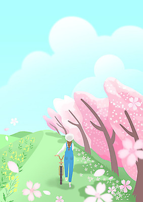 전신 PSD 여자 꽃 분홍색 하늘색 백그라운드 일러스트 프레임 따뜻함 한명 성인 초록색 걷기 자전거 봄풍경 봄 벚꽃 벚나무 힐링 성인여자한명만 봄배경 국내일러스트 나무 식물 1 계절 컬러 모션 사람 풍경 파란색 바이크 여자한명만 성인여자만 파일형식